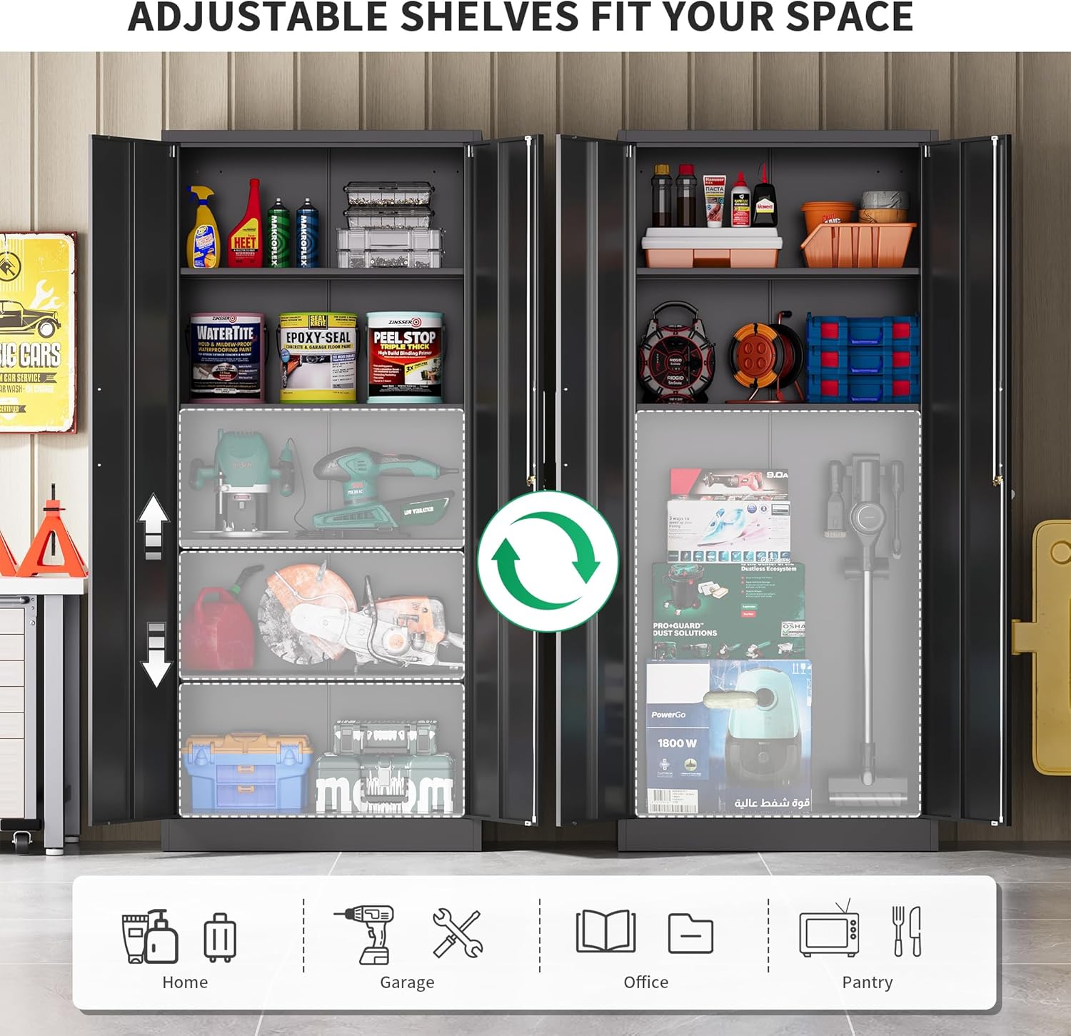 Metal Garage Storage Cabinet with Doors and Adjustable Shelves, 71" Tall Locker Organizer Steel Garage Cabinets, Lockable File Cabinet for Home, Office, Warehouse, Tools