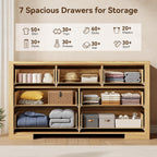 Fluted Dresser for Bedroom, 7 Drawer Dresser with Gold Handle, 54" Wide Chest of Drawers, Modern Wood Dressers Organizer for Bedroom, Liveroom, Entryway, Natural Oak