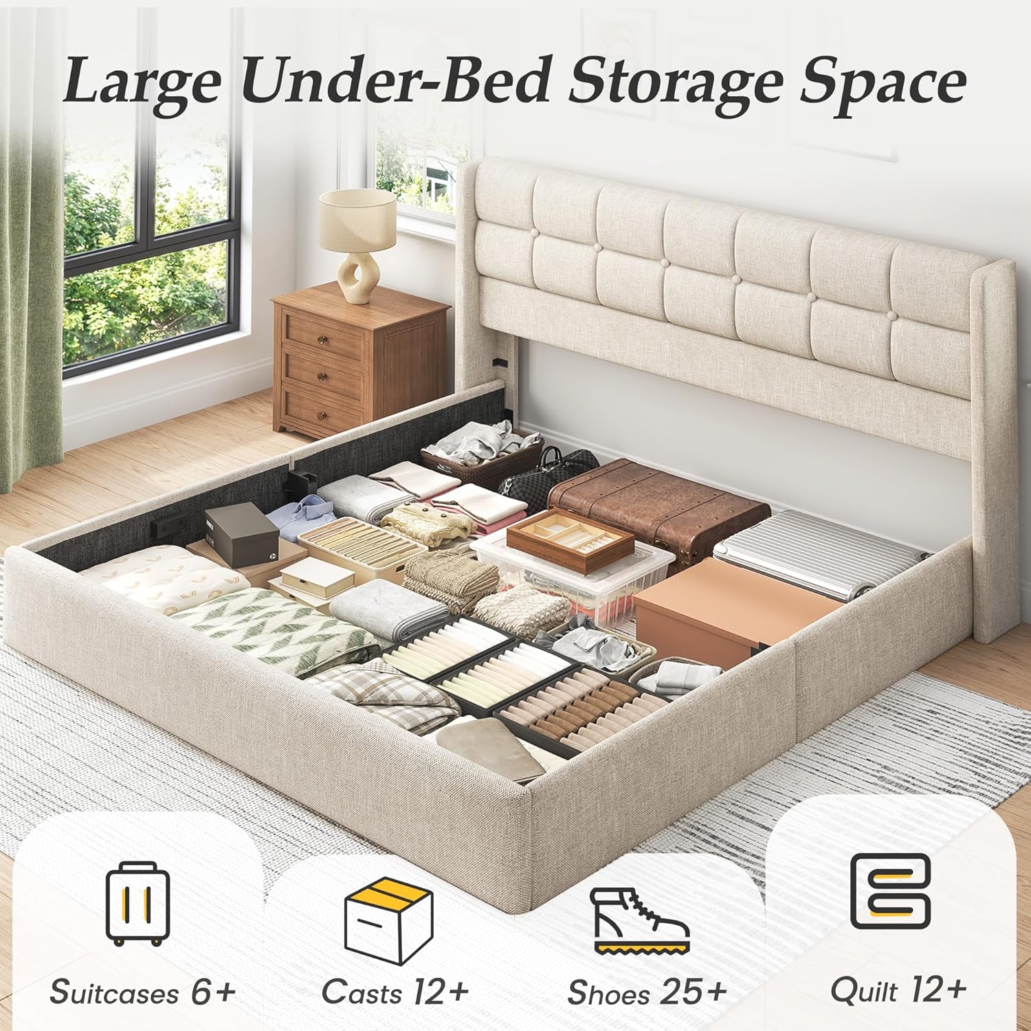 Lifezone King Lift Up Storage Bed Frame, Linen Upholstered Platform with Button Tufted Wingback Headboard, Under-Bed Storage, Hydraulic Support, No Box Spring Needed, Shipped in 2 Boxes, Light Beige