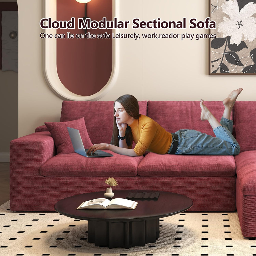 107'' U-Shaped Modern Modular Sectional Cloud Couch Whit Ottoman, 4-Seat Chenille Deep-Seat Sofa with Pillow for Living Room, Bedroom, Apartment, Wine Red