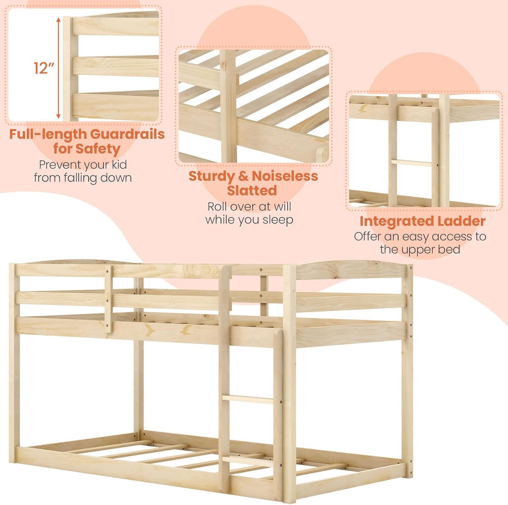 Giantex Twin Low Bunk Bed, Solid Wood Twin Over Twin Bunk Bed Frame with Full Guardrails & Integrated Ladder, Floor Twin Bunk Beds for Kids Boys and Girls, No Box Spring Needed, Natural