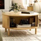 ZttRiee Coffee Table for Living Room, Modern Round Coffee Table with Cabinets & Sliding Doors, Home Small Space, 29.9" Fluted Center Table, Natual