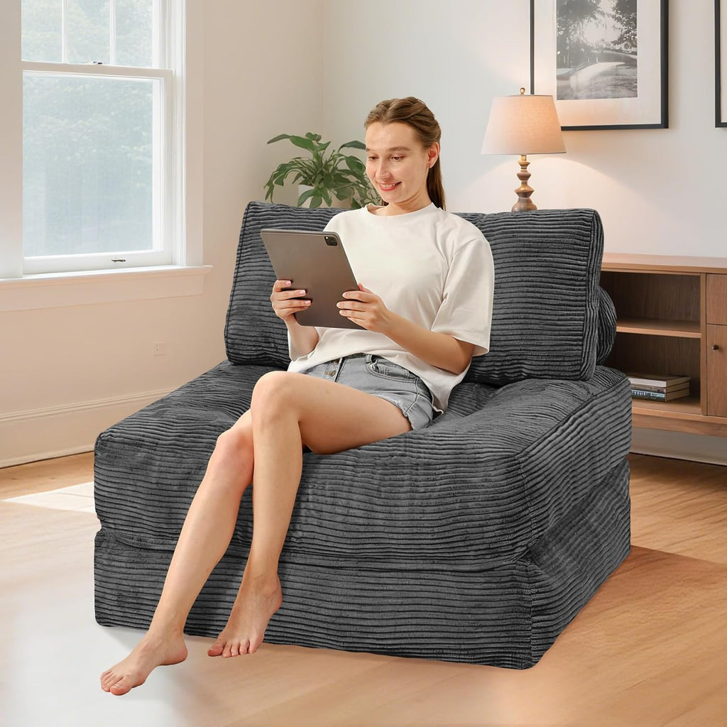 HABUTWAY Folding Sofa Bed, Convertible Sleeper Chair Bed w/Dual-Pillow & Handle, Foldable Floor Sofa Lounge w/Back Support for Living Room, Bedroom, Apartment, Office, Single, Grey