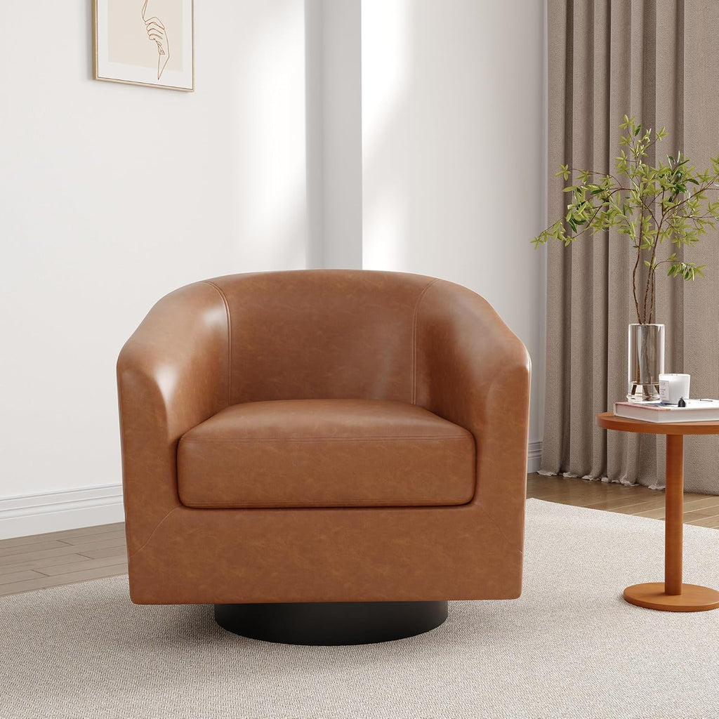 Lumibee Faux Leather Swivel Barrel Chairs Set of 2, Upholstered Comfy Round Swivel Accent Chair, 360° Rotation Single Sofa Club Armchair for Living Room, Reading Room, Bedroom, Brown