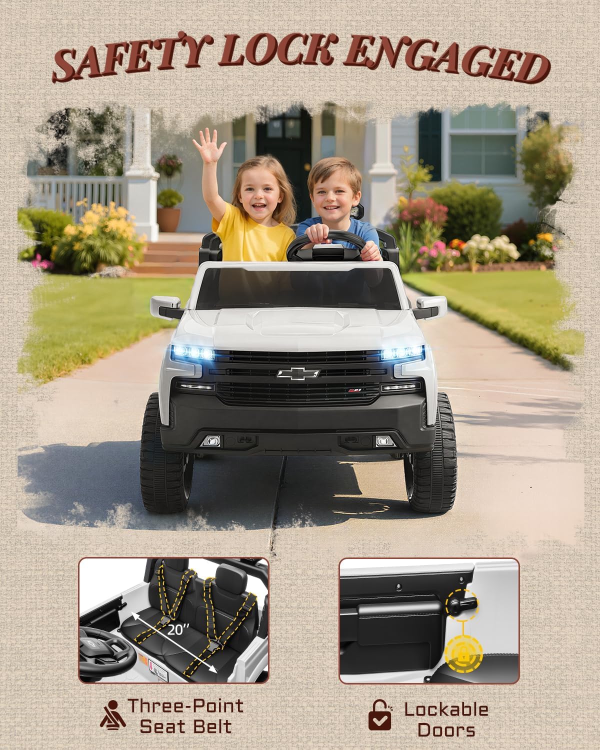 First Ride On 24V 2 Seater Ride on Car for Kids  Licensed Chevrolet Silverado Electric Car for Kids with Remote Control  Toddler Car with Bluetooth  LED Lights  Seat Belts and Spacious Design (White)