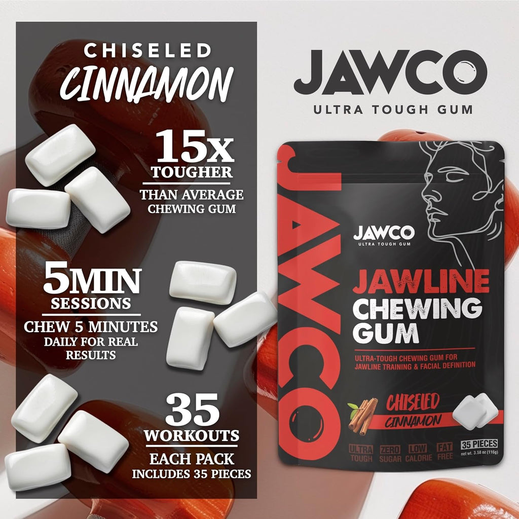JAWCO Ultra-tough Jawline Chewing Gum | Get a Stronger, Squarer Jawline | Jaw Training Hard Gum | Chisel, Sculpt, Tone your Jaw | 15X Hardness | Facial Fitness Mewing Gum | Chiseled Cinnamon (6-Pack)