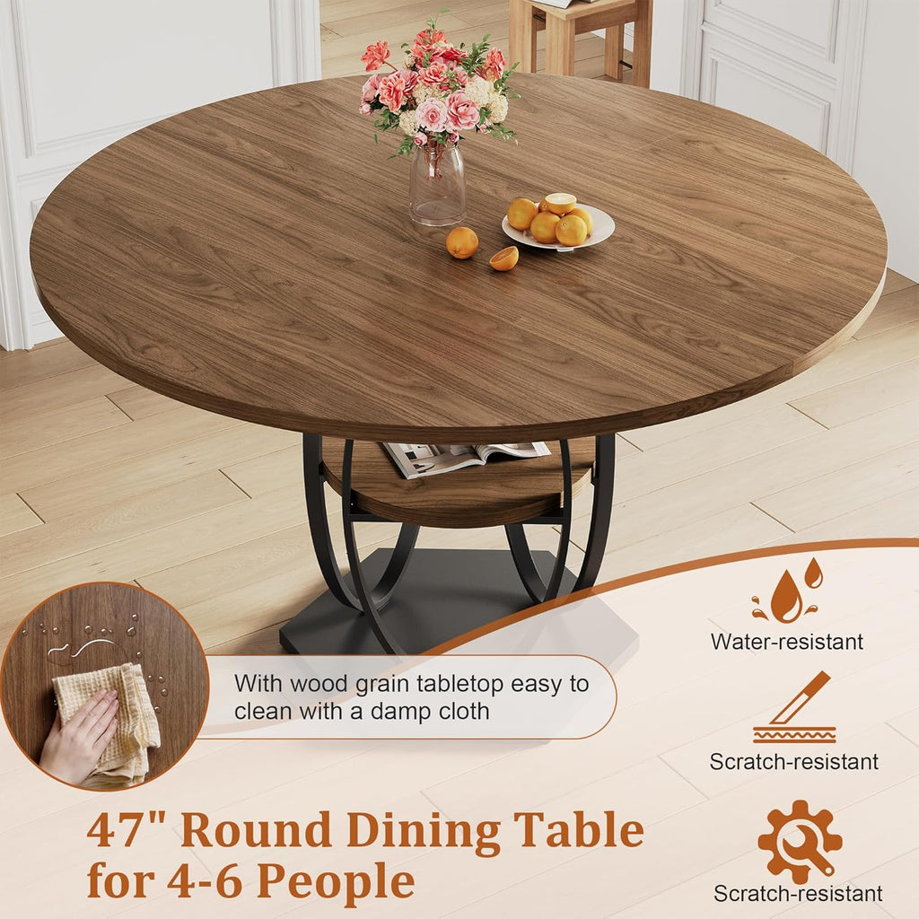 47.2" Round Dining Table for 4-6, Circle Kitchen Table with Open Storage Shelf, Modern Wooden Dinner Table with Metal Pedestal Base, Dining Room Tables for Kitchen Small Space, Walnut