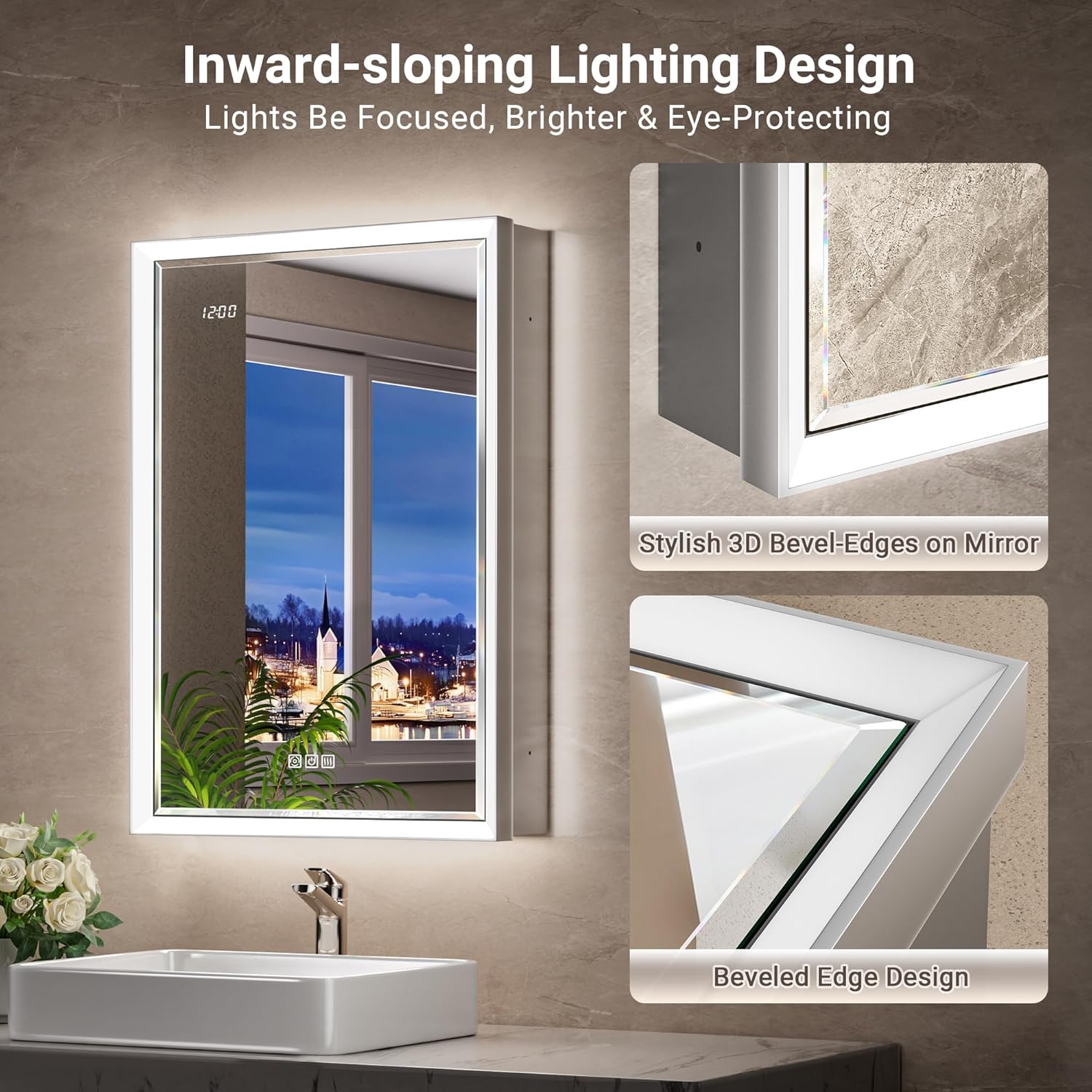 Beveled Lighted Medicine Cabinet with Mirror & Lights -20x26 Surface or Recessed Mirrored Medicine Cabinet with Outlet & Clock, Anti-Fog Dimmable LED Storage Cabinet, Built-in Sensor Light