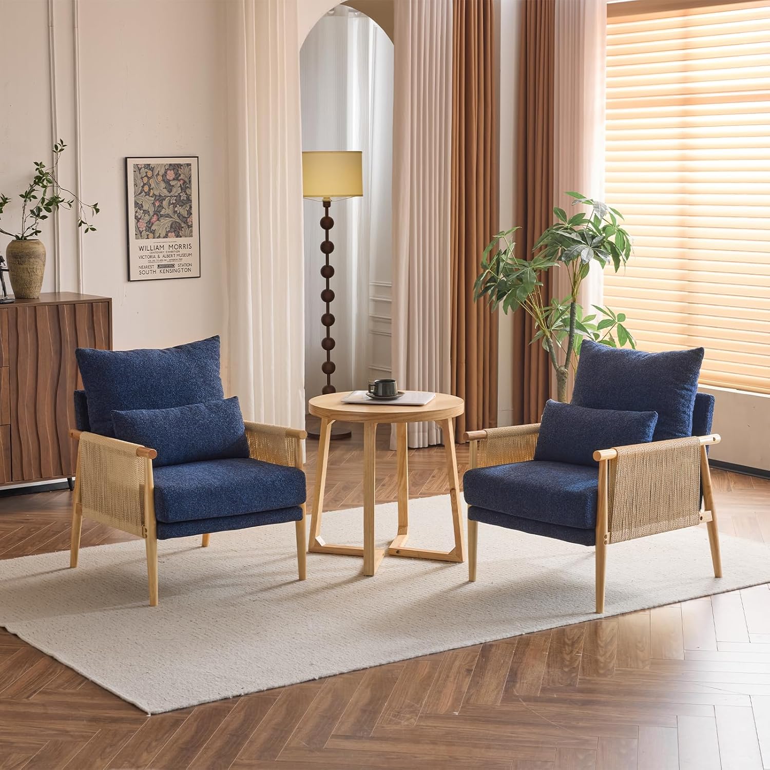 Karl home Cozy Chenille Accent Chair with Lumbar Pillow & Rattan Arms Modern Lounge Chair for Living Room, Bedroom, Reading Nook, Blue