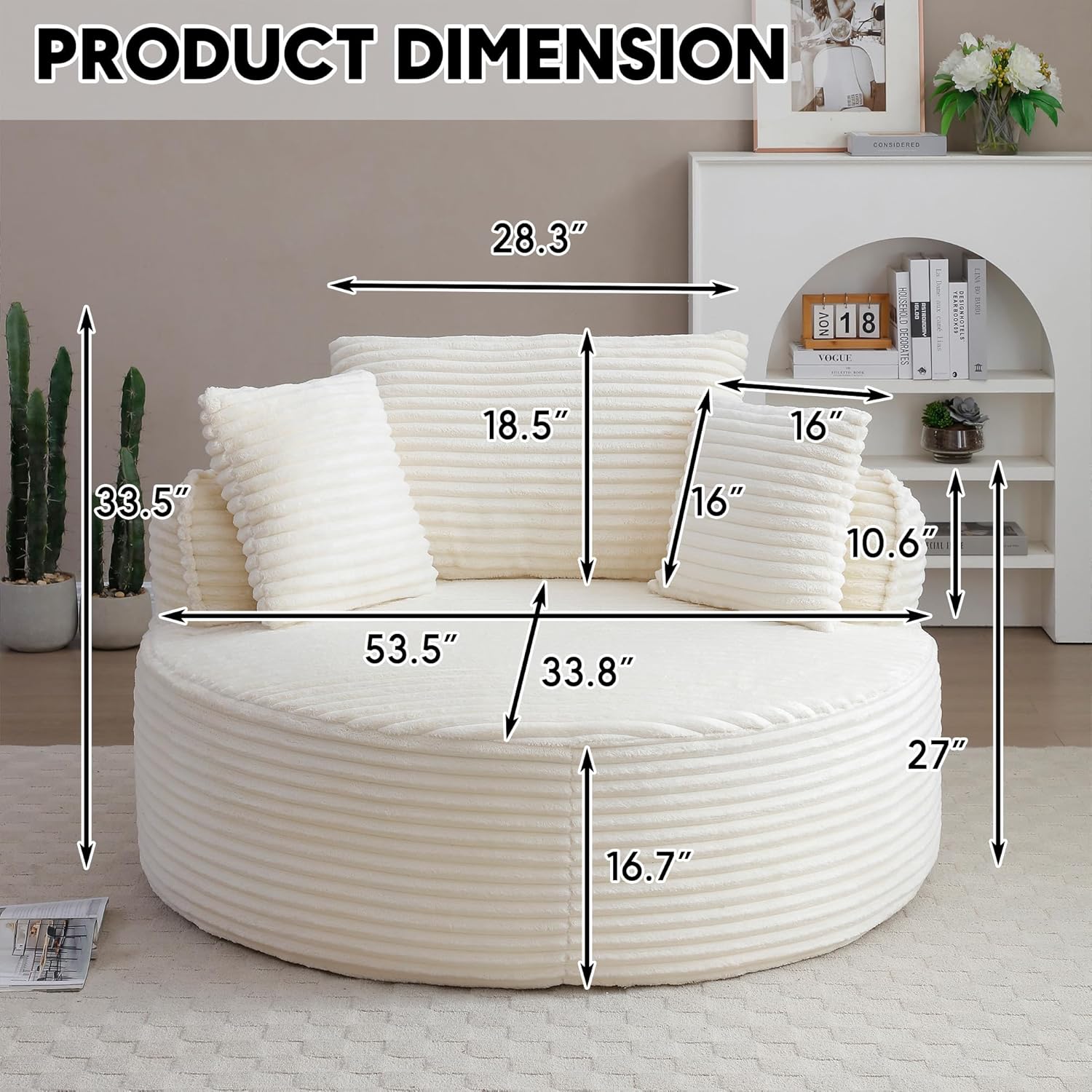 Oversized Round Chair Lounge Chaise Indoor, 53.5" Corduroy Boneless Round Chair, Fluffy Single Deep Seat Cloud Sofa Chairs, Modern Circle Chaise Lounge for Bedroom, Living Room, Beige White