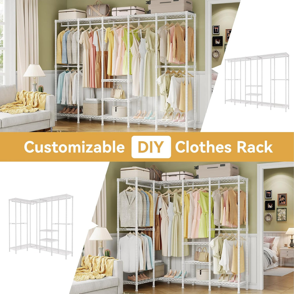 H5 Extra Large Heavy Duty Clothes Rack, Wire Garment Rack, Freestanding Clothing Rack for Hanging Clothes, Wardrobe Closet with Adjustable Shelf, 93.3" Wx15.7 Dx75.4 H, White, Load 1400 lbs