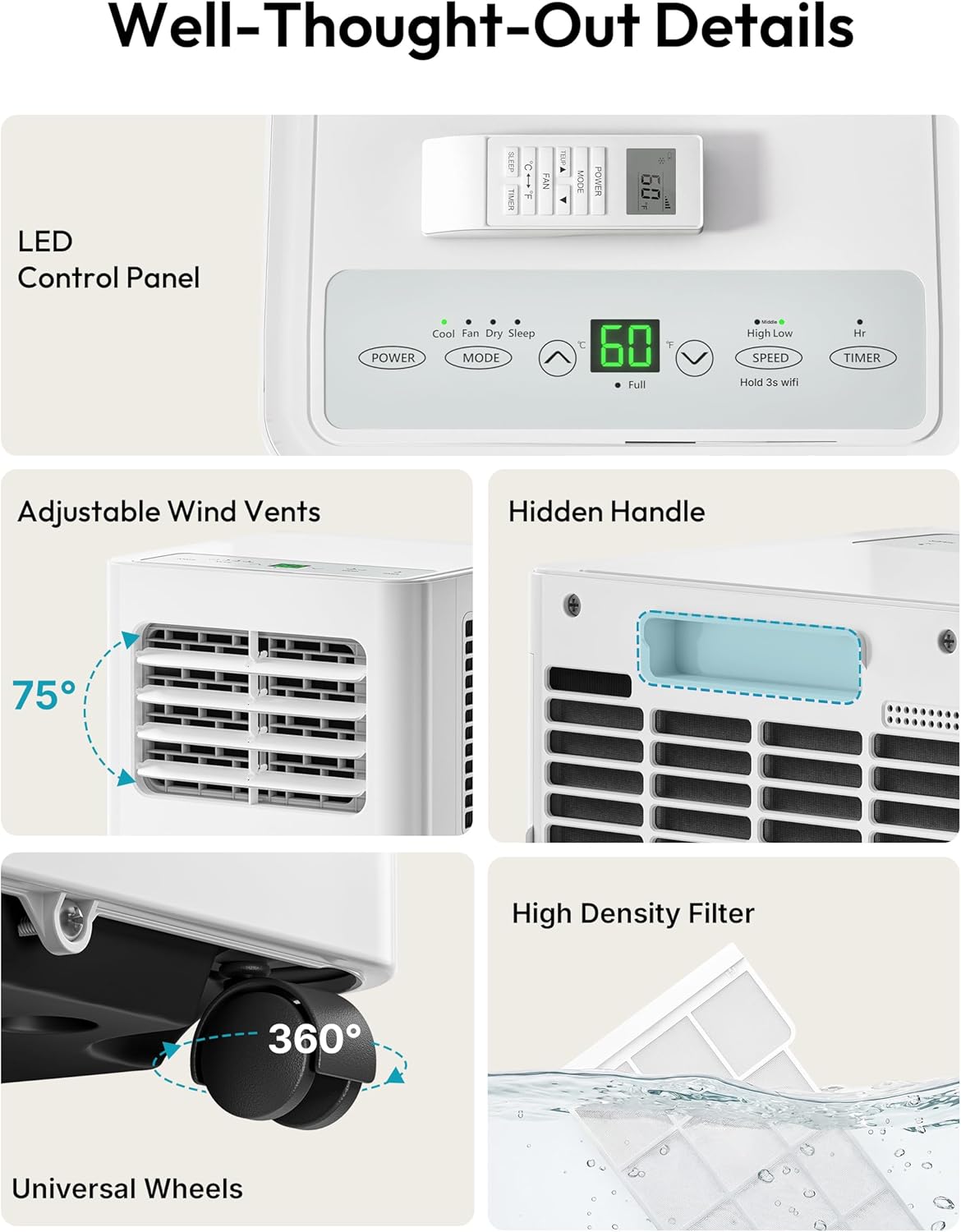 EUHOMY 8000 Btu Portable Air Conditioners, 3 in 1 Portable AC with Cool, Dry, Fan Modes, Quiet Air Conditioners with 24H Timer & Sleep Modes, with Remote, for Bedroom, Apartments up to 350 Sq.Ft