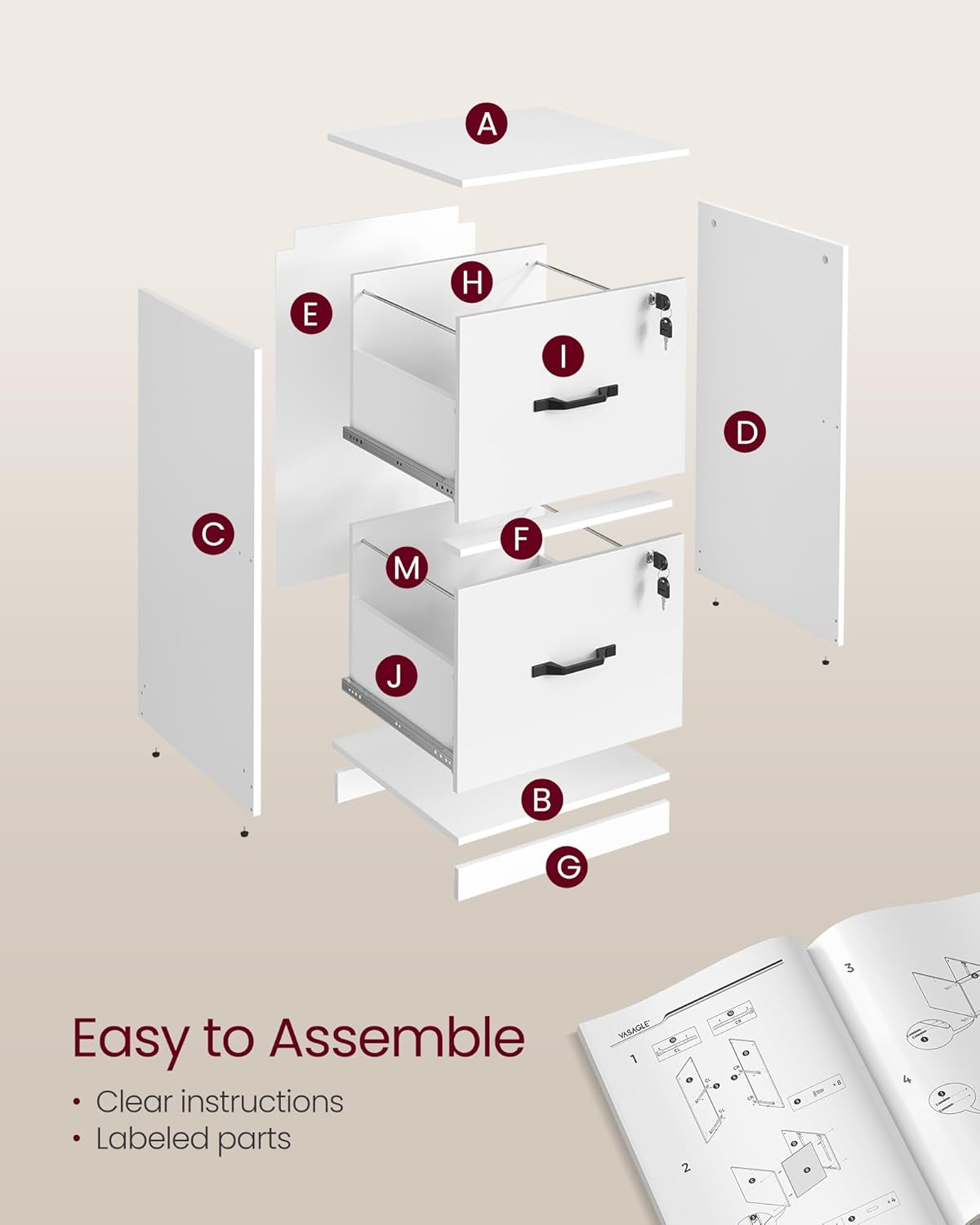 VASAGLE 2 Drawers File Cabinet with Lock, Printer Stand, Office Filing Cabinet Organizer, for A4 and Letter Size Documents, Cloud White UOFC061W14