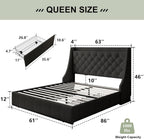 Feonase Upholstered Queen Size Bed Frame with 4 Storage Drawers, Storage Bed with Charging Station, Large Wingback Headboard, No Box Spring Needed, Black