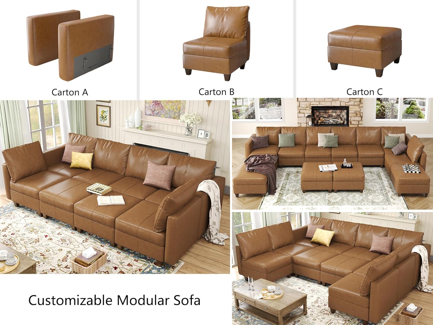 EASE MOOSE Faux Leather Sectional Sleeper Modular Sofa Modular Couch with Storage, Convertible Faux Leather Modular U Sectional Sleeper Sofa Couch Brown