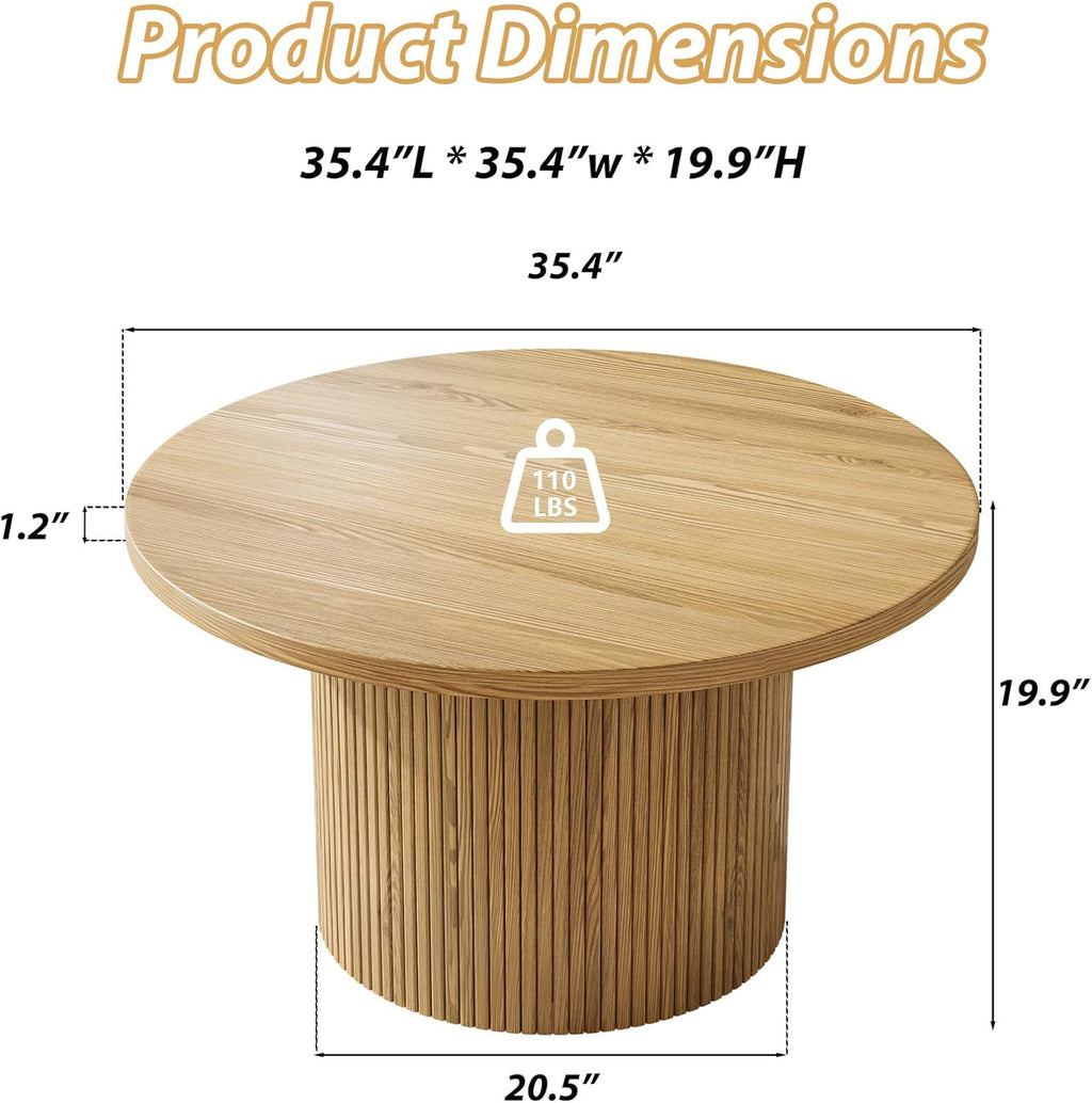 MAISONARIA Round Coffee Table with Metal Frame, 35" Coffee Tables for Living Room, Circle Wood Accent Center Table for Apartment, Oak