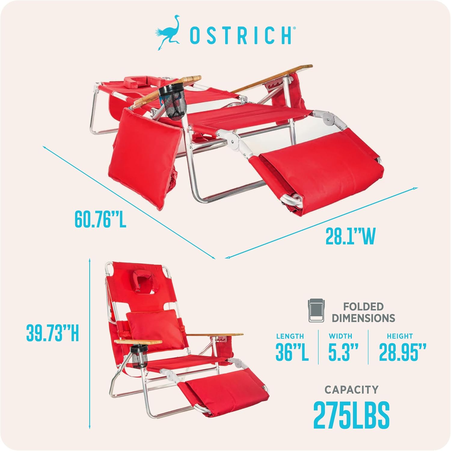 Ostrich the Deluxe 3N1 Lightweight Lawn Beach Reclining Lounge Chair with Footrest, Outdoor Furniture for Patio, Balcony, Backyard, or Porch, Red