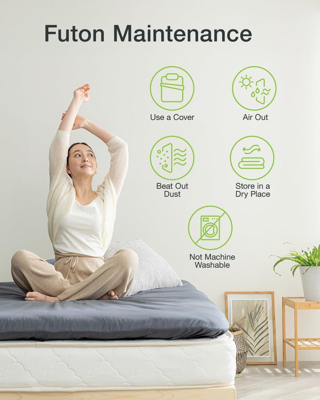FULI Japanese Futon, King Size, White - Foldable Shikibuton Floor Bed - Medium Firm Quilted Cotton Sleeping Pad, Portable Roll-Up Japanese Floor Bed for Guests & Small Spaces