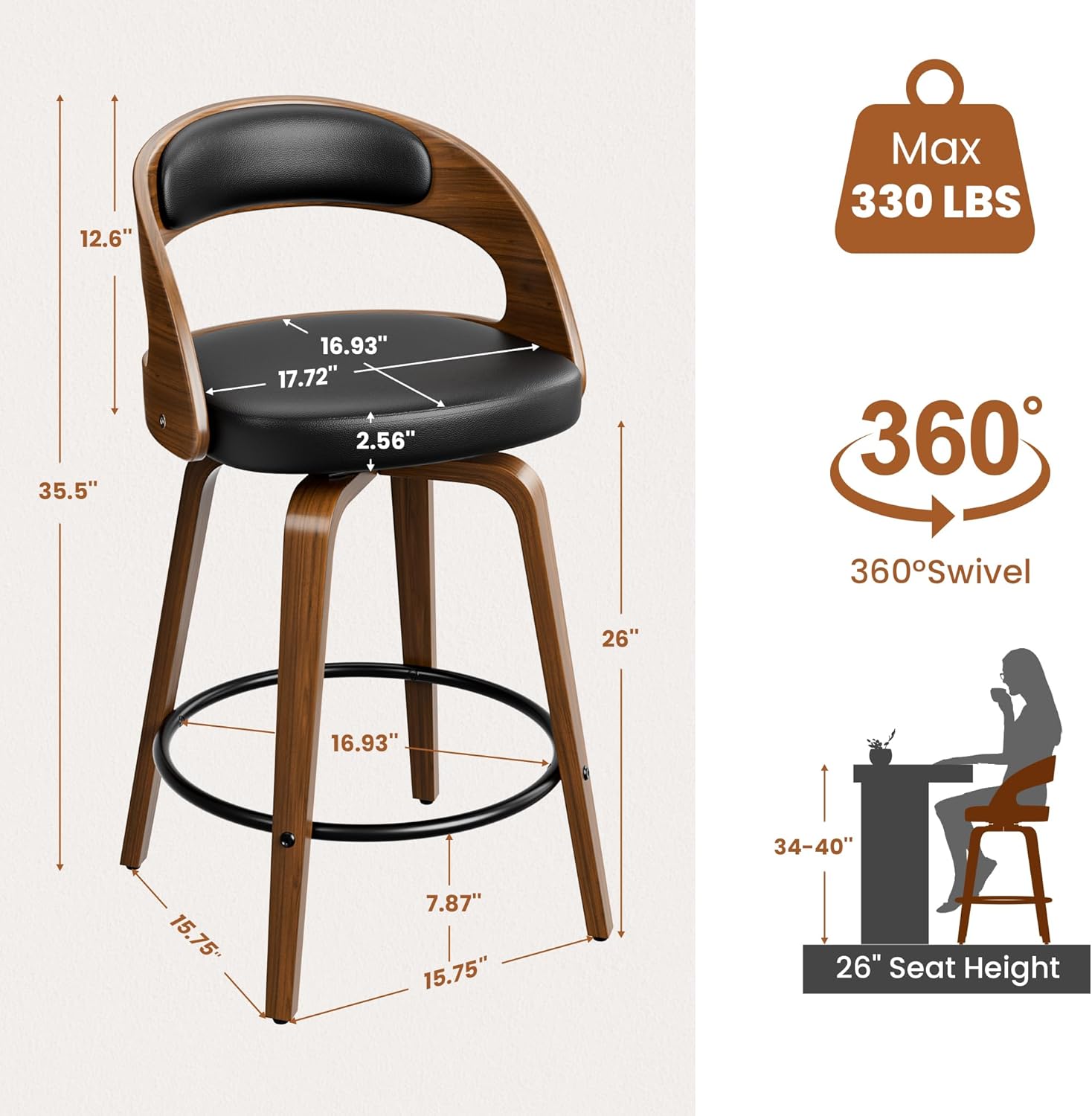 Bar Stools Set of 2, 26" Swivel Counter Height Bar Stools with Bentwood Legs and Back, Mid Century Modern Faux Leather Upholstered Counter Stools for Kitchen Island, Bar, Restaurant, Black