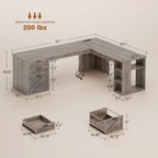 SEDETA Farmhouse 67" L Shaped Desk with 3 Drawers, Executive Desk, Home Office Desks with Storage Shelves, Corner Computer Desk with Power Outlets for Home Office, Grey