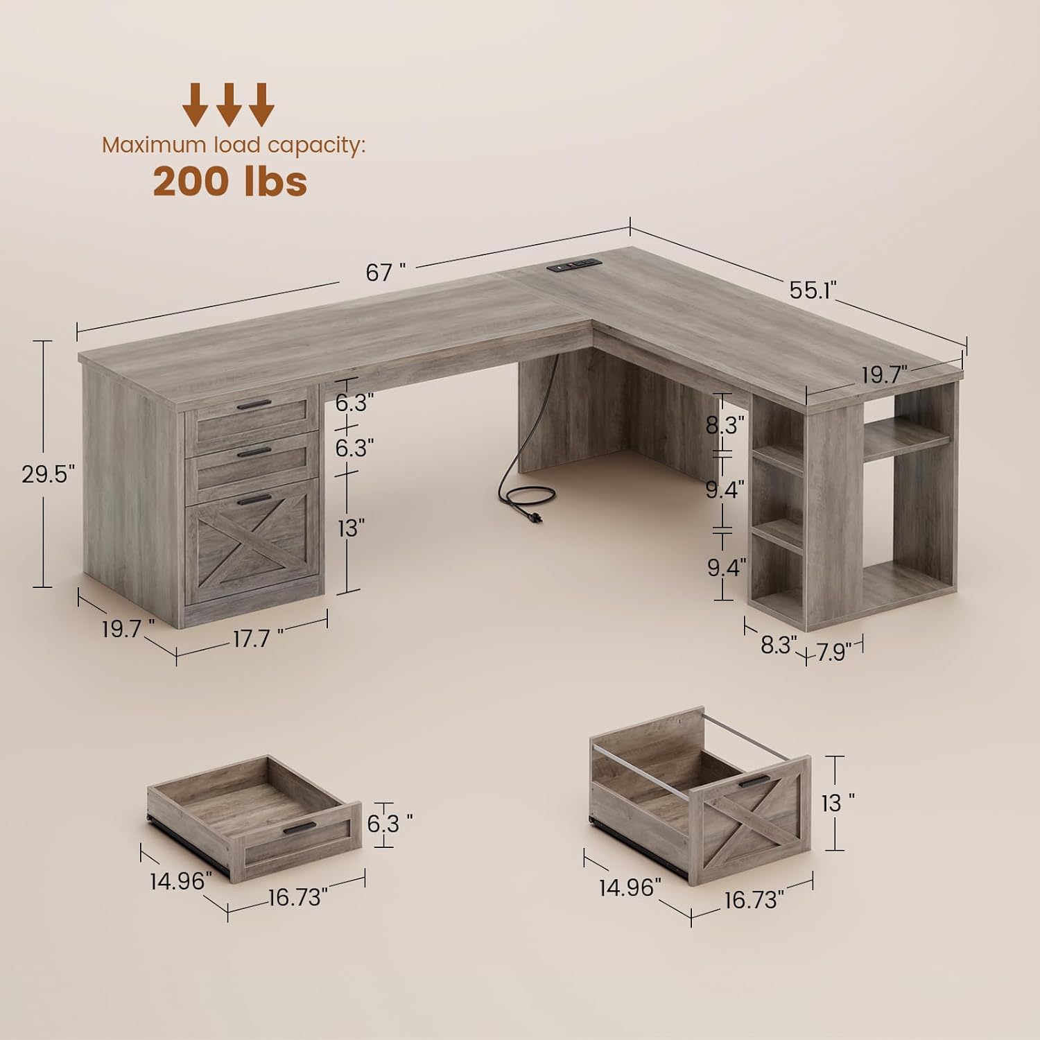 SEDETA Farmhouse 67" L Shaped Desk with 3 Drawers, Executive Desk, Home Office Desks with Storage Shelves, Corner Computer Desk with Power Outlets for Home Office, Grey