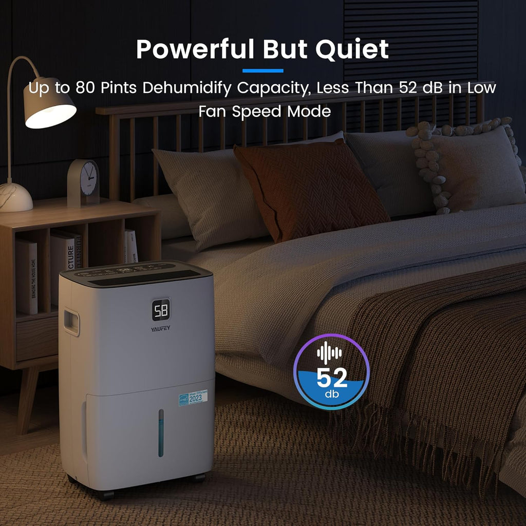 Yaufey 80 Pints Energy Star Dehumidifier for Home, Basement and Large Room up to 5500 Sq. Ft., with Drain Hose, Timer, Intelligent Humidity Control and Large Water Tank
