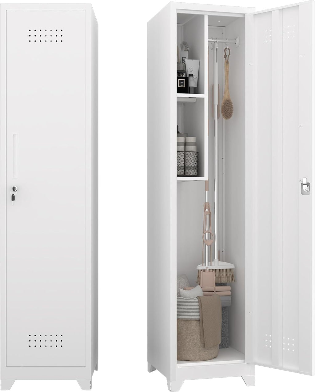 Metal Garage Storage Cabinet,Broom Closet Storage Cabinet,Utility Closet Cabinet for Broom,Garage,Kichen,White