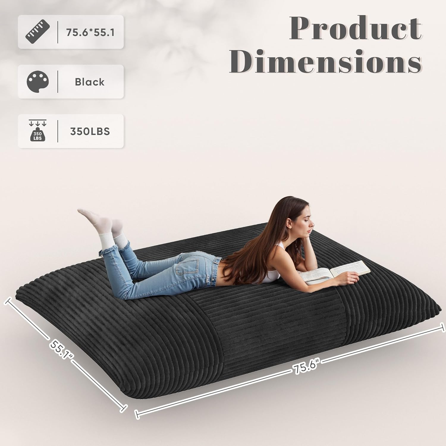 Homall 3 in 1 Giant Bean Bag Chair for Adults, Convertible Bean Bag Floor Couch Bed with Washable Cover, High-Density Foam Chair Bed for Living Room, Dorm Room, Office (Black)