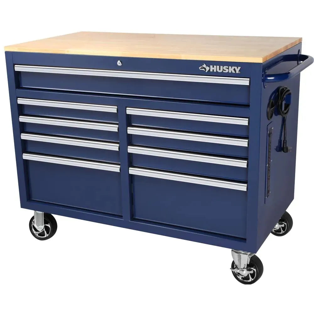 46-in W x 24.5-in D 9-Drawer Mobile Workbench with Hardwood Top and Power Station  Gloss Black