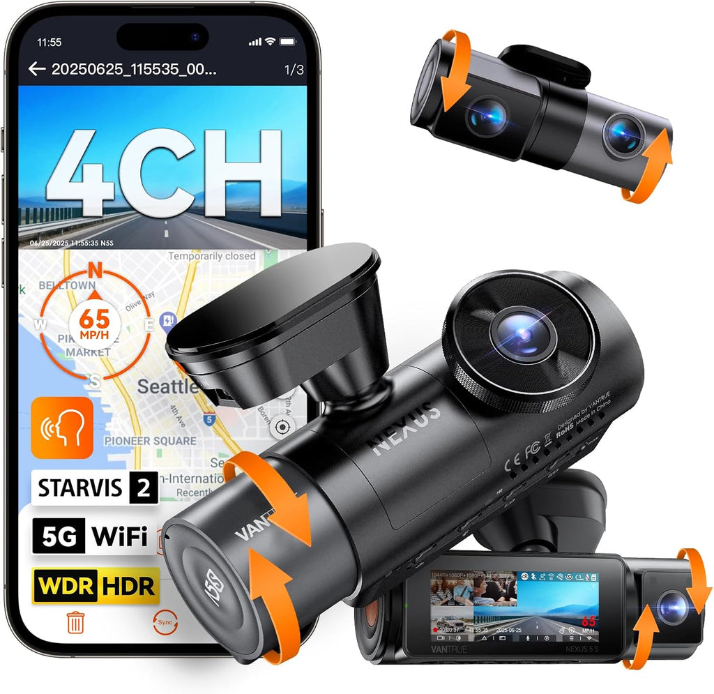 Vantrue N5S 4 Channel 360 Degree 2.7K Dash Cam  4CH STARVIS 2 Night Vision  2.7K+1080P*2+1440P Front Rear Inside Dashcam  24/7 Buffered Parking Mode  WiFi  Voice Control  Dual GPS  Support 1TB Max