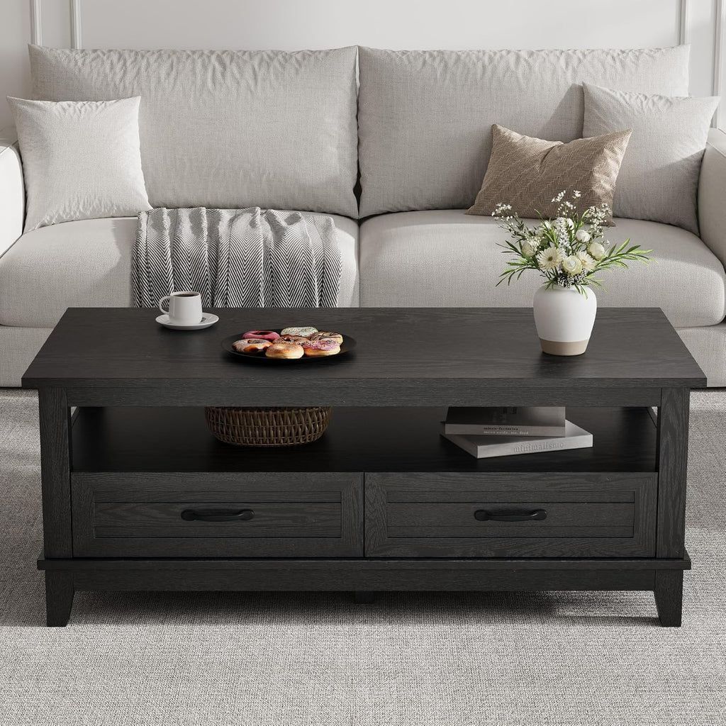 GarveeHome Farmhouse Coffee Table with Drawers, 47.2 in Center Table Rustic Coffee Tables Black Living Room Table, with Open Shelf and 6 Support Legs