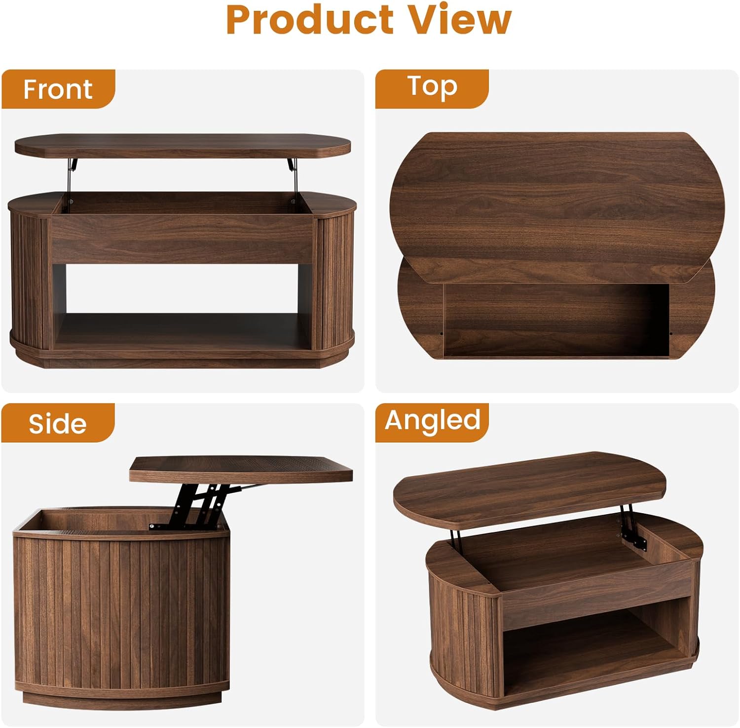 FABATO Oval Lift Top Coffee Table with Storage, Mid Century Modern Coffee Table for Living Room, 2 Tier Center Table with Lift-Top, 41.7" Fluted Wood Table for Reception Room, Home Office, Walnut