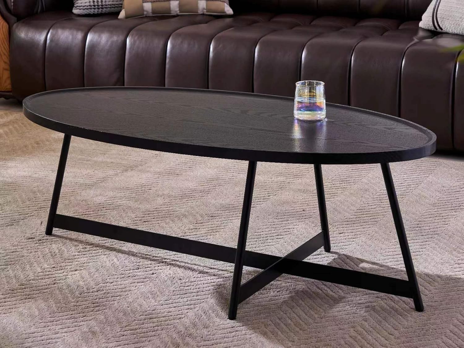 Shrine Wood Coffee Table, Walnut Table for Living Room, Metal Wood Table, 43.3" D x 21.6" W x 15.7" H, Black Wood Base & Metal Frame