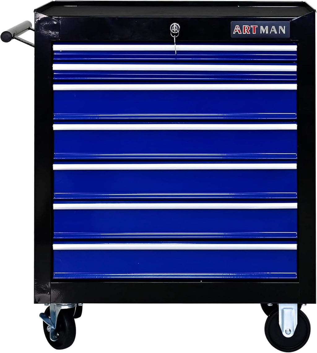 7 Drawers Rolling Tool Cart on Wheels, Multifunctional Organizer Tool Chest Tool Case , Trolley Tool Storage Tool Box for Workshop,Garage,Repair Shop (7 Drawers 24.2"W×12.9"D×29.9"H-Black&Blue)