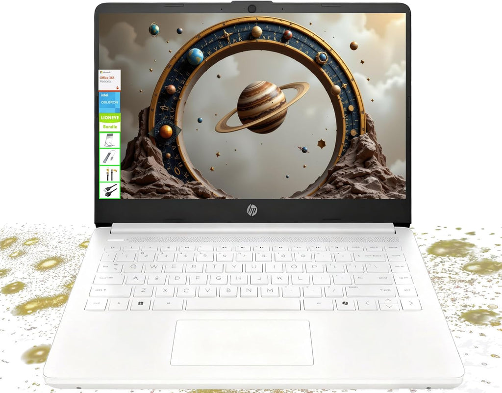 HP 14" HD Laptop - Intel Celeron  8GB RAM  64GB eMMC - Lightweight & 12H Battery  Sleek Design with Multiple Ports  Webcam/Mic for Business/Students/Tourists - Microsoft 365 Included  Snowflake White