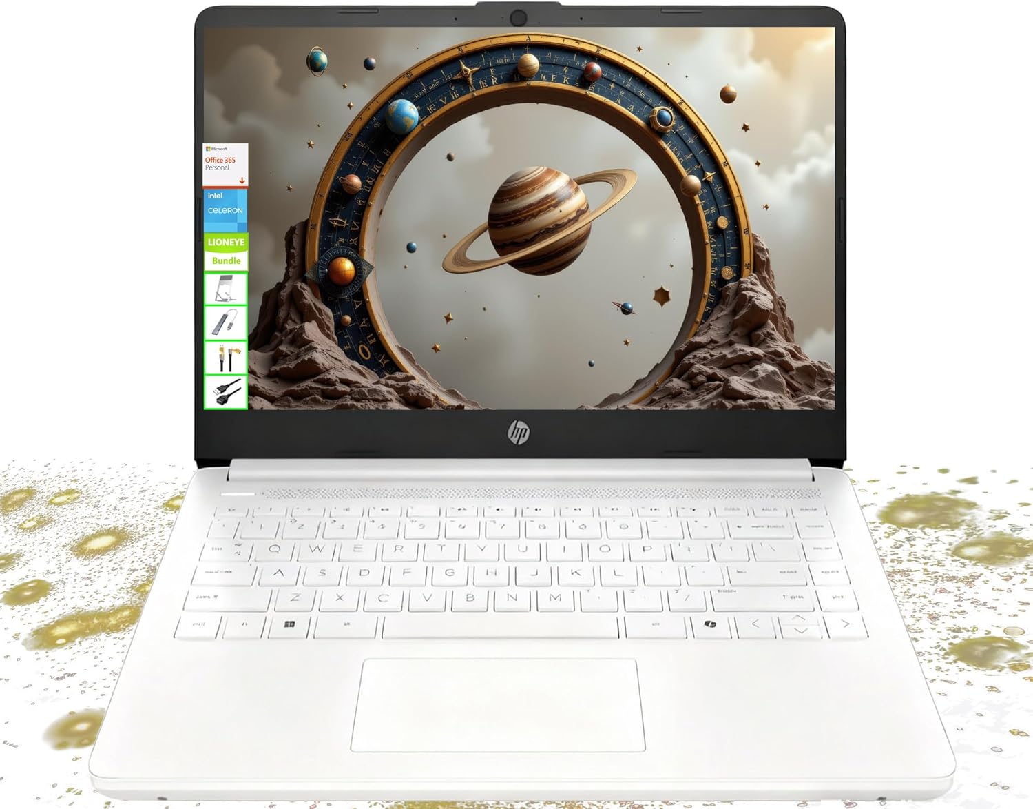 HP 14" HD Laptop - Intel Celeron  8GB RAM  64GB eMMC - Lightweight & 12H Battery  Sleek Design with Multiple Ports  Webcam/Mic for Business/Students/Tourists - Microsoft 365 Included  Snowflake White