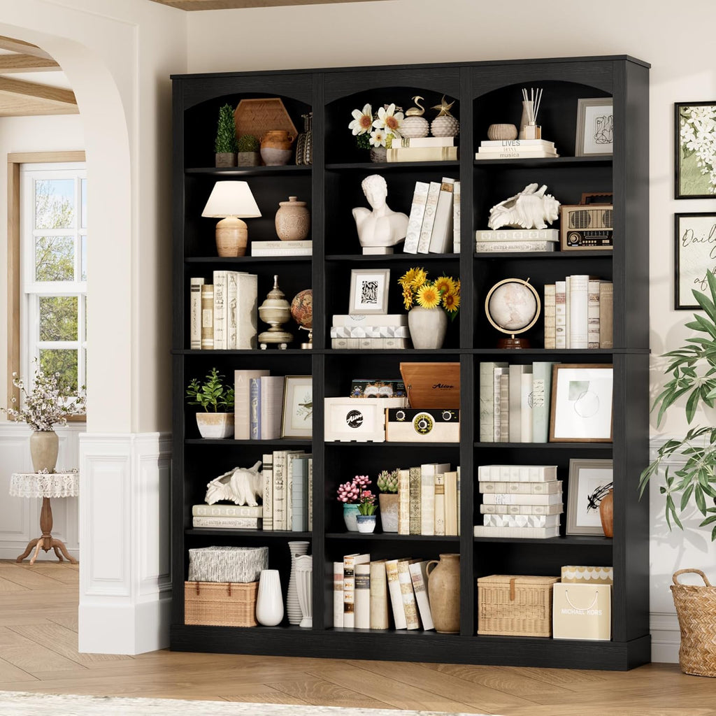 FACBOTALL 71" Triple Wide Bookshelf, 6 Tier Tall Bookshelf, Large Book Shelf with Curved Baffle, 63.4" Wide Bookcase with 18 Open Display Shelves for Living Room, Study, Black