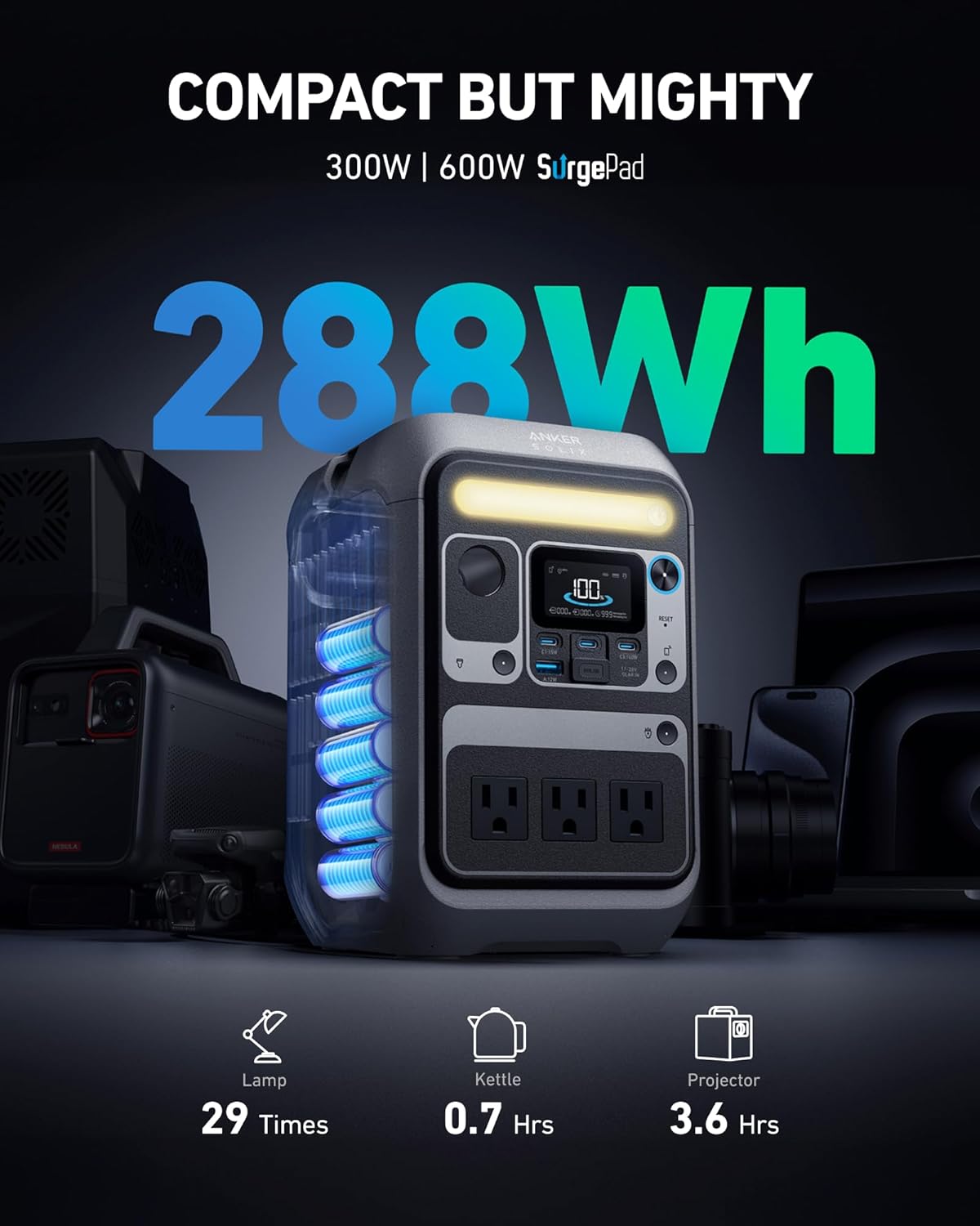 Anker Solar Generator SOLIX C300 with 60W Solar Panel  288Wh Portable Power Station  300W (600W Surge)  LiFePO4 Battery  140W Two-Way Fast Charging  for Outdoor Camping  Traveling  and Emergencies