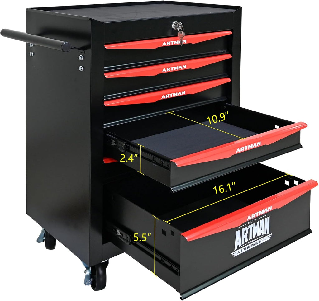 6 Drawers Rolling Tool Box, Tool Cart with 7 Tool Storage Boxes, Multifunctional Tool Chest with Wheels, Lockable Tool Trolley Organizer for Garage Workshop Warehouse Repair Shop, Black+Red