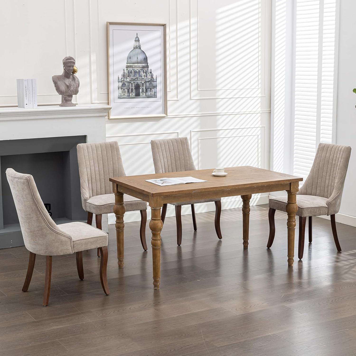 Beige Mid Century Dining Chairs Set of 4, Modern Kitchen & Dining Room Chairs Set of 4, Fabric Upholstered Kitchen Chairs, Sillas de Comedor, Wood Legs (Beige, 4 Pcs)