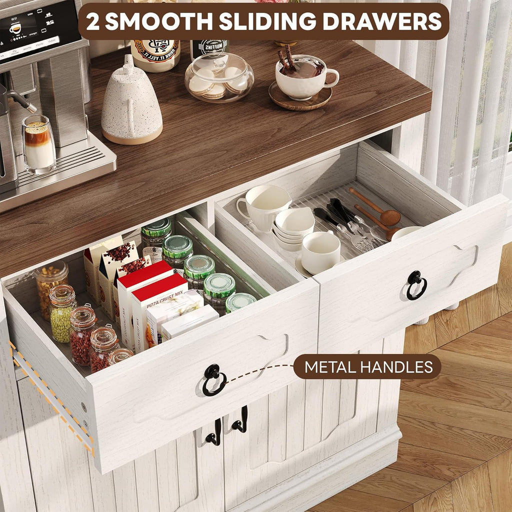 LIKIMIO Storage Cabinet with Doors and Shelves, Farmhouse Kitchen Cabinet with 2 Drawers and Adjustable Shelf, Coffee Bar Cabinet Buffet Sideboard Cabinet for Dining Room, Bathroom, Entryway, White