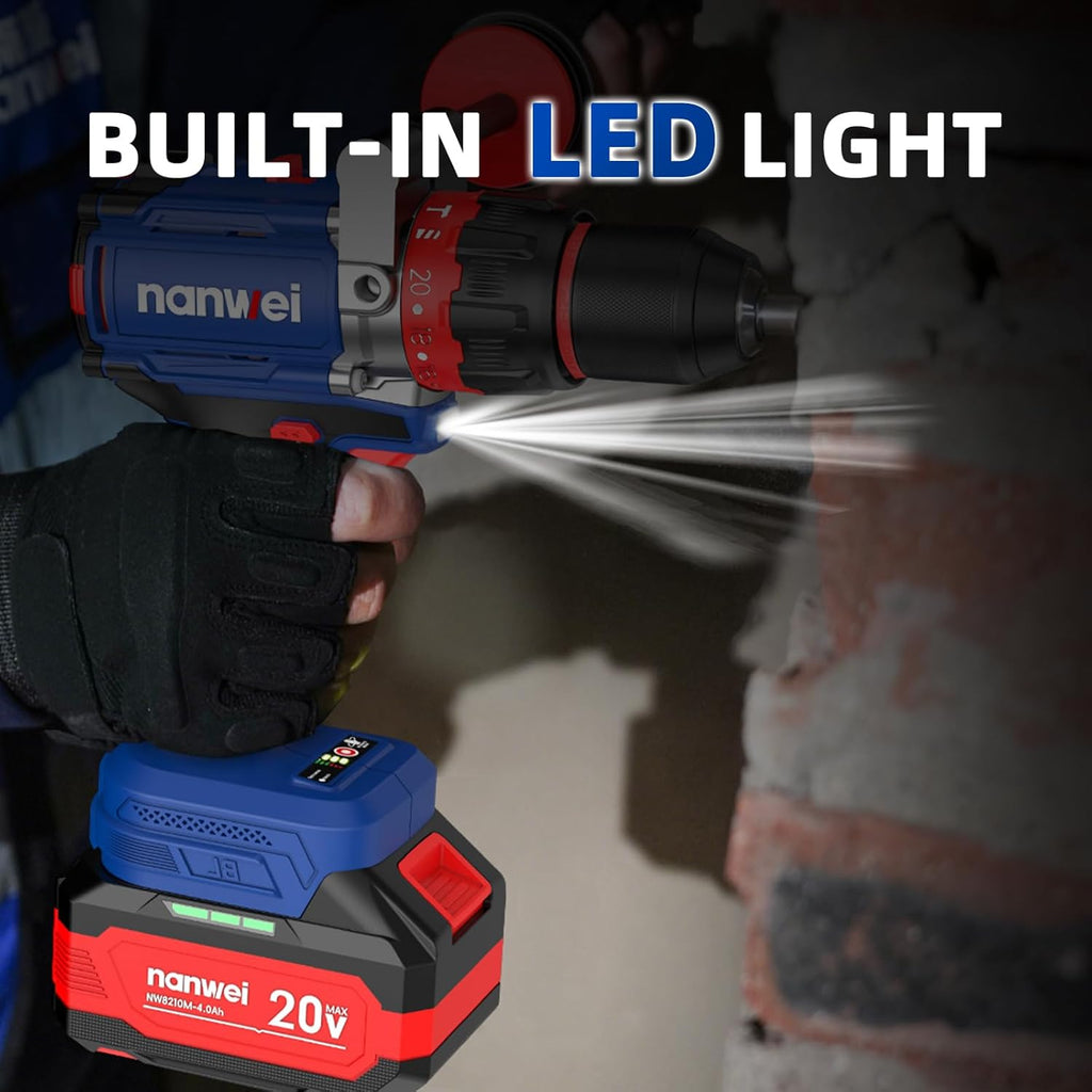 NANWEI Hammer Drill, 1100 in-lbs, 26000BPM, 1/2" Keyless Metal Chuck, 20+1+1 Clutch, 2x4.0Ah Batteries, 20V Brushless Cordless Heavy-duty Impact Drill Kit for Drilling concrete,Brick Wall, Metal, Wood
