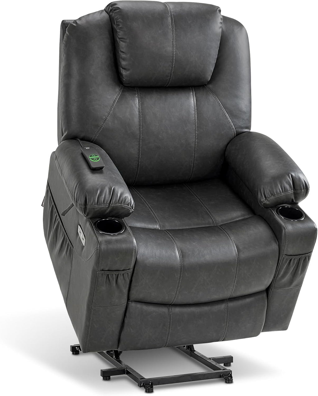 MCombo Electric Power Lift Recliner Chair Sofa with Massage and Heat for Elderly, 3 Positions, 2 Side Pockets, and Cup Holders, USB Ports, Faux Leather 7040 (Grey, Medium)