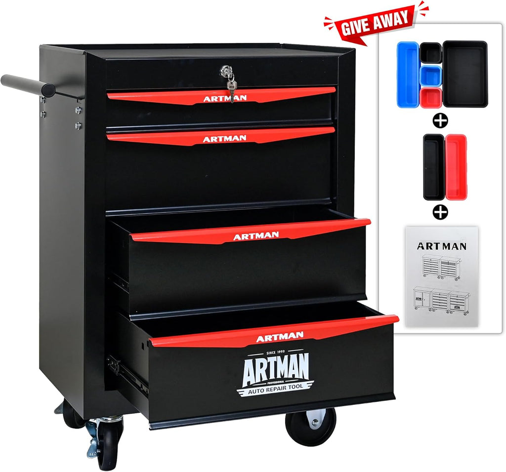 RYH 4/5/6/7 Drawers Rolling Tool Chest - Heavy Duty Mobile Tool Cart with Locking Wheels & Ball Bearing Drawers, 30.5" H x 20.9" W x13 D Garage Tool Storage Cabinet，Metal Tool Box (Black, 4 Drawers)