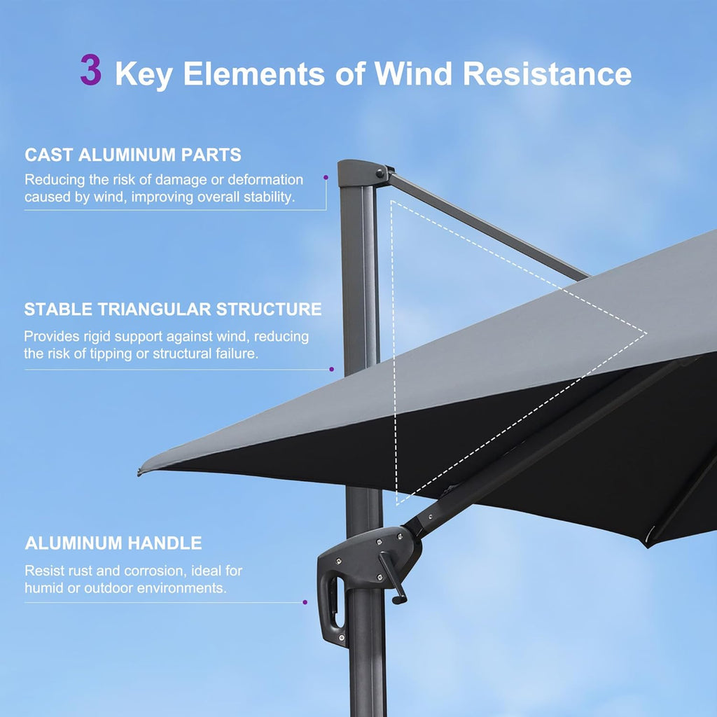 PURPLE LEAF 10FT Cantilever Outdoor Umbrellas Large Patio Umbrella Hanging Double Top Square Offset Umbrella with 360°Rotation Tilting Umbrella Outdoor Patio, Grey