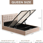 VELOCAVA Queen Size Lift-Up Storage Bed, Modern Upholstered Platform Frame, Ample Under-Bed Storage, Button-Tufted Headboard, Sturdy Wooden Slats, No Box Spring Needed, Linen-Textured Light Khaki