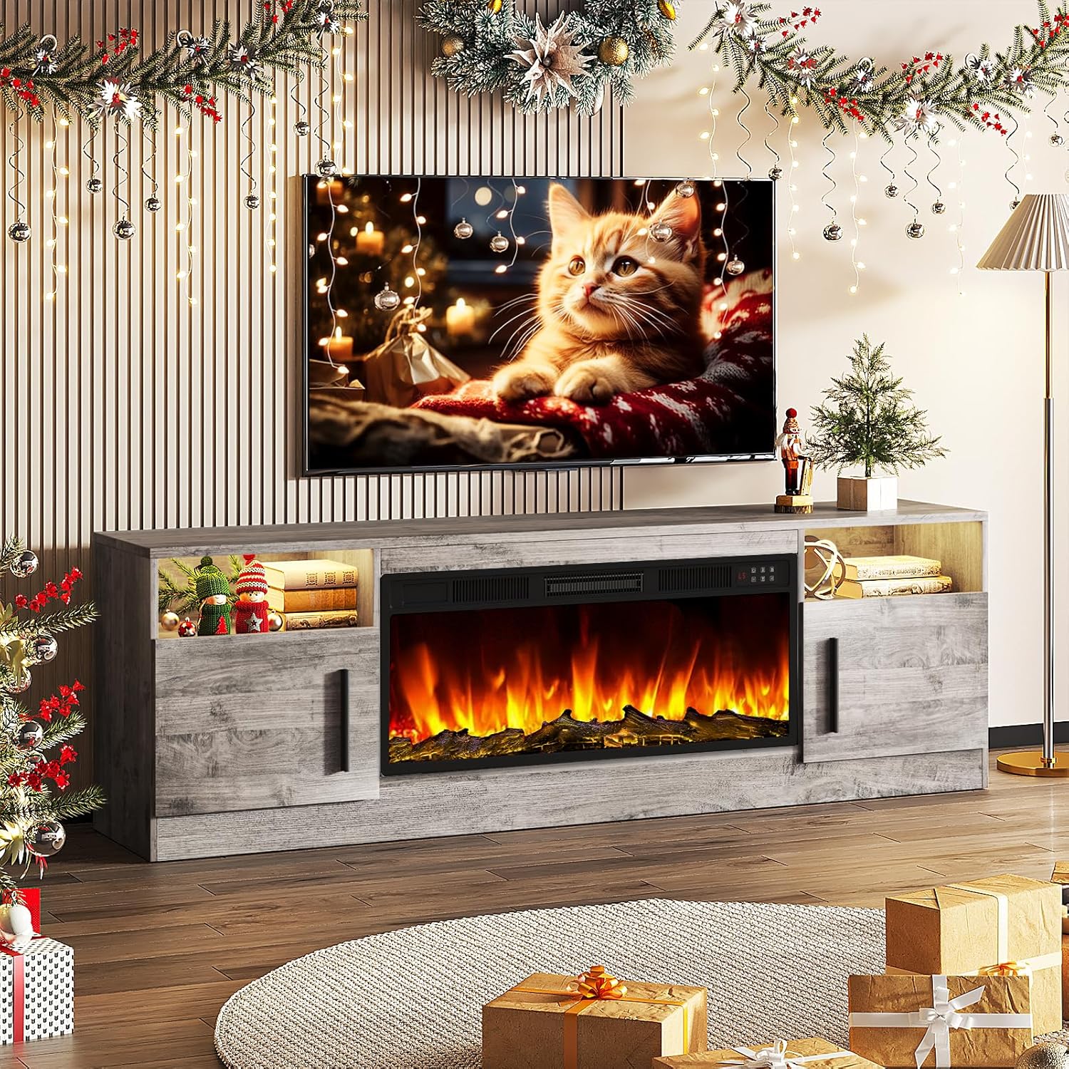 Tavata Fireplace TV Stand Entertainment Center with 36" Fireplace, 70" Wooden TV Console for TVs Up to 80", Modern TV Stands for Living Room with High Gloss Storage Cabinet and LED Lights (Grey)