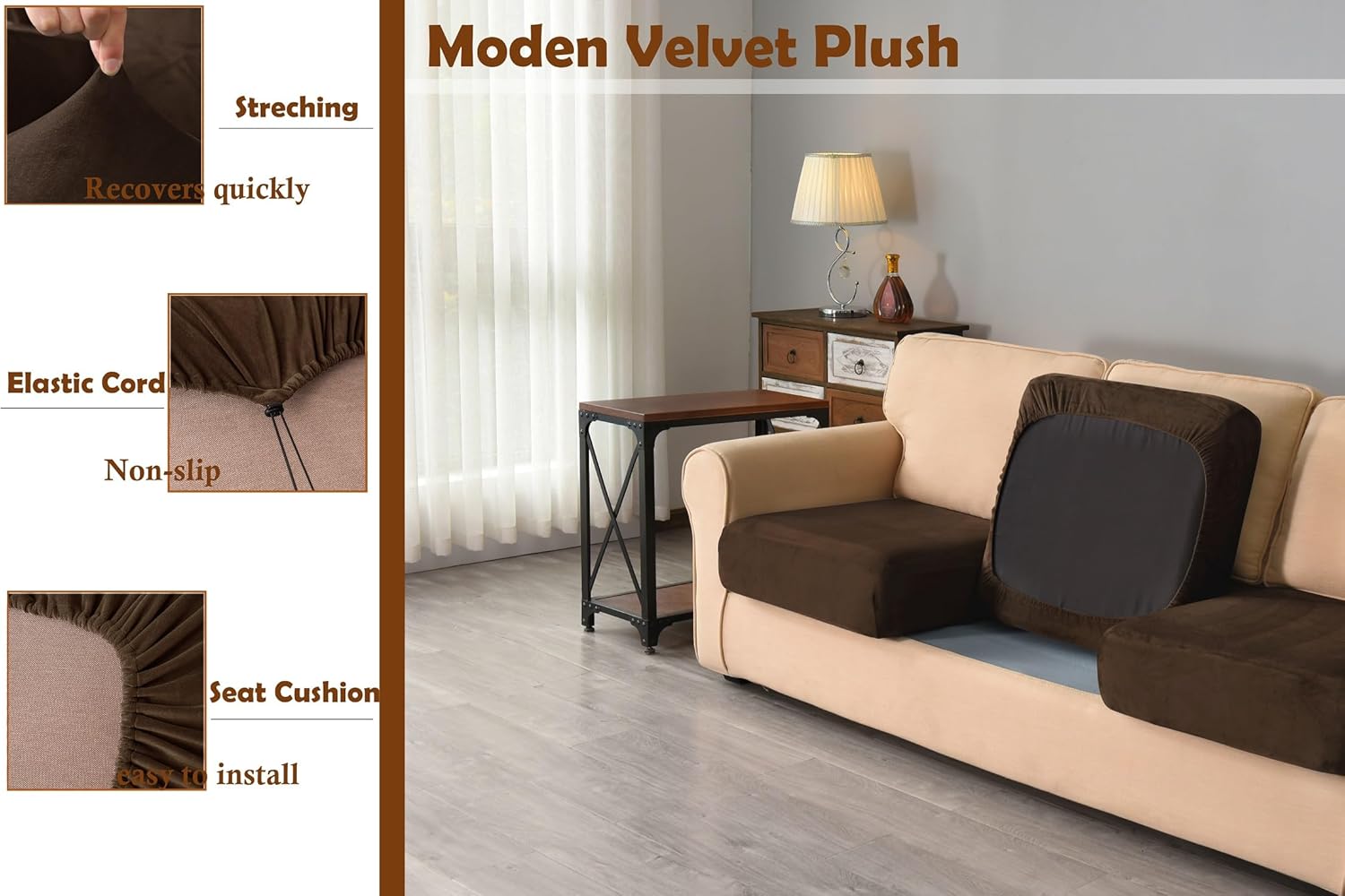 7 Pieces Velvet High Stretch Sofa Covers for 3 Cushion Couch Sofa Slipcovers, Washable Furniture Protector with Drawstring Anti Slip Bottom, Soft and Plush Fabric for Kids and Pet (Coffee)