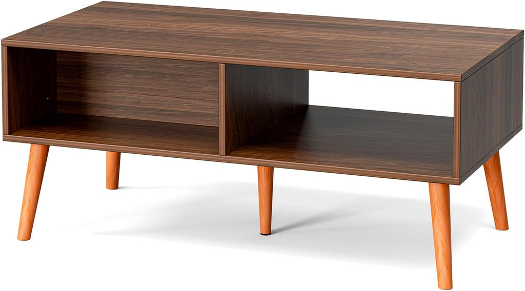 ZttRiee Coffee Table with Storage, Boho Dining Table with Rattan Drawer and Solid Wood Legs, Small Coffee Tables for Living Room, Walnut