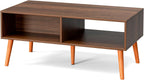 ZttRiee Coffee Table with Storage, Boho Dining Table with Rattan Drawer and Solid Wood Legs, Small Coffee Tables for Living Room, Walnut